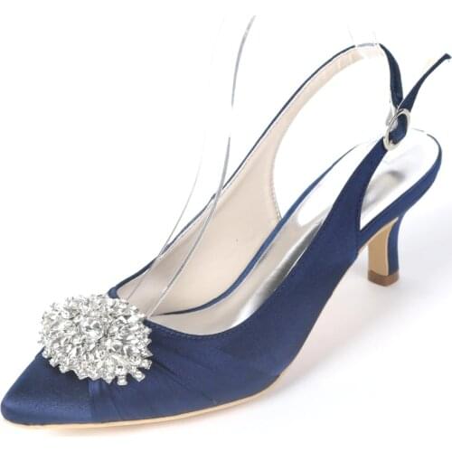Creativesugar pointed toe sling slingback satin evening dress shoes pleated know crystal brooch bridal wedding prom lower heels