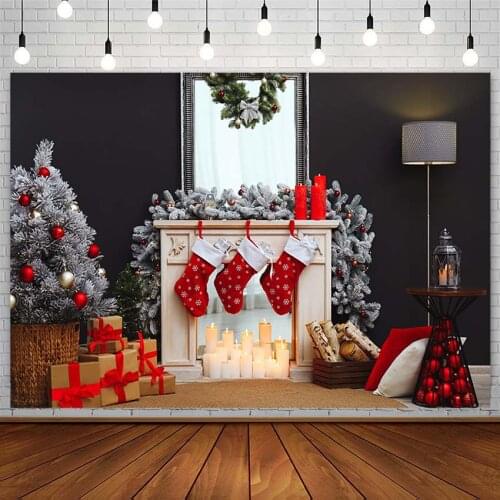 Winter Christmas Tree Backdrop Fireplace Socks Candle Gift Wreath Bell Photography Background Photo Studio Photozone Decor Props