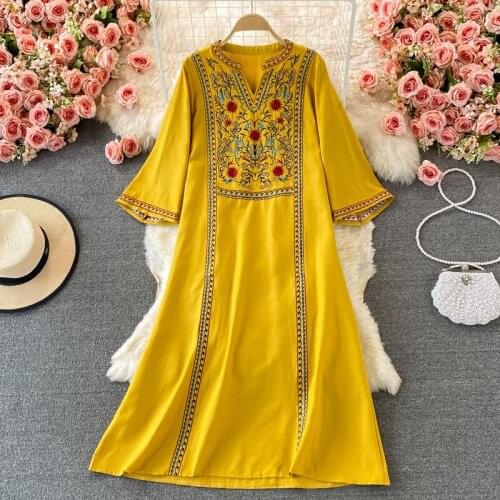 Jastie 2021 Women Autumn Seaside Vacation Beach Dress Ethnic Embroidery V-neck Big Swing Casual A-Line Dress