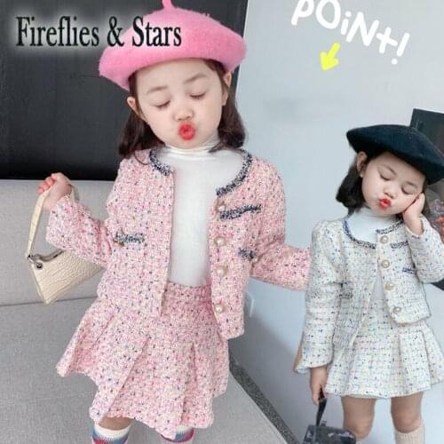 Spring Autumn girls 2 pcs set baby coat + pleated skirt kids suit children brand clothes o neck gunny pearl snap 1 to 7 yrs