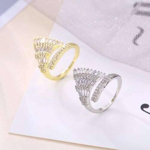 Korean Trrendy New Design Dress Shaped Open Ring Gold Sector Adjustable Women Ring Pave Zircon Ring Female Jewelry For Wedding