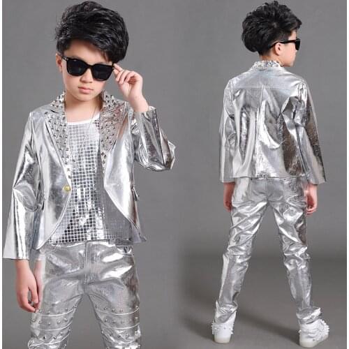 2020 Hip Hop Costumes Boys Long Sleeves Rivets Silver Coat Vest Pants Kids Jazz Performance Clothing Modern Stage Wear DNV14063