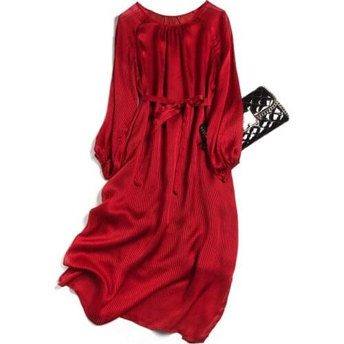 Mayabee High Quality Real Silk Long Sleeve Belt Ladies Red Dress 2021 New Spring Clothes For Women