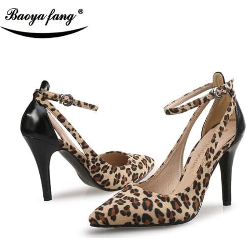 Flock fashion women high heels Pumps woman Summer Party shoes Nigh Club shoes pointed toe Leopard ankle strap shoes