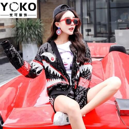 YOKO 2019 spring and autumn new wild Thai tide brand shark sequins cropped jacket female baseball uniform fashion sequin jacket