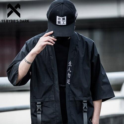 11 BYBBS DARK Harajuku Open Stitch Jackets Men Hip Hop Thin Coats 2020 Ribbons Japanese Style Male Seven-cent Sleeve Streetwear