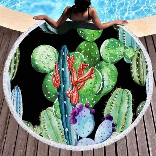 Cactus Printed Beach Towel Microfiber Bath Towel Large for Adults Beach Cover Up with Tassel Round Beach Towel Mats Home Decor