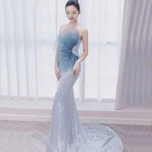 Blue Sequined Mermaid Strapless Evening Dress Backless Looks Thin Banquet Wedding Party Show Singing Long Princess Dress A112