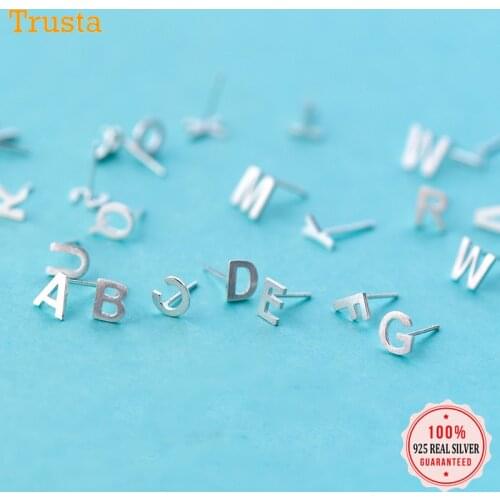 Trusta 2018 100% 925 Solid Real Sterling Silver A~Z 26 English Letters Stud Earring For Women Creative Fashion Jewelry DS928