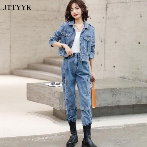 Spring Autumn 2-piece Denim Sets Women Retro Jacket And Jeans Pants Tooling Suit Two Piece Sets Tracksuit Woman Clothes Outfits