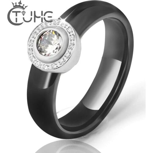 Hot White Big Crystal Wedding Rings 6 mm Black White Ceramic Rings For Women Stainless Steel Circle Ring Wedding Jewelry Gift