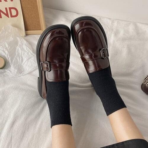 Woman Loafers Belt Slip on Flat Shoes Woman Oxford Shoes Black Casual Shoes 2021 Spring Ladies Boat Shoes zapatos mujer 9062G