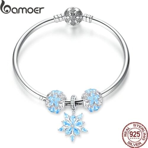 Bamoer Genuine 925 Sterling Silver Winter Snowflake Princess Bangle for Women Charm Bracelet Luxury European Bijoux SCB833