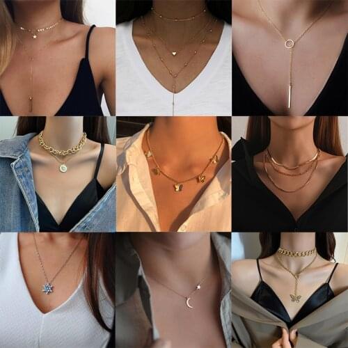 Fashion Multi-layered Snake Chain Necklace For Women Vintage Gold Coin Butterfly Choker Sweater Necklace Party Jewelry Gift