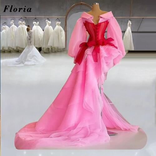 Middle East Pink And Red Evening Dresses 2021 Puffy Sleeves Formal Dress Saudi Arabia Women Prom Dress Weddings Celebrity Dress