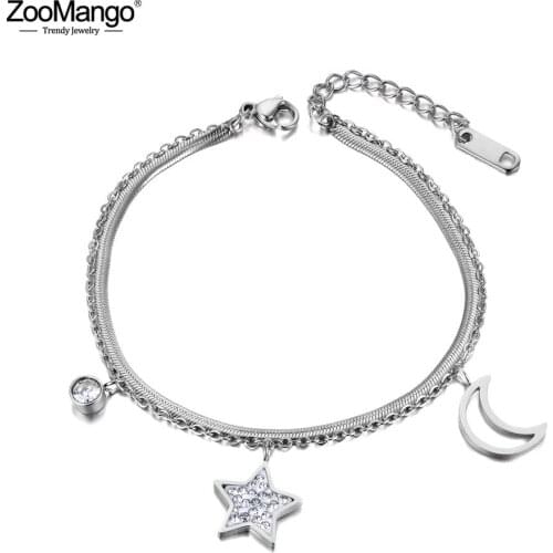 ZooMango Stainless Steel Star Moon Charm Double Layers Women Bracelet Snake Link Chain Bohemia Summer Beach Jewelry ZB19019