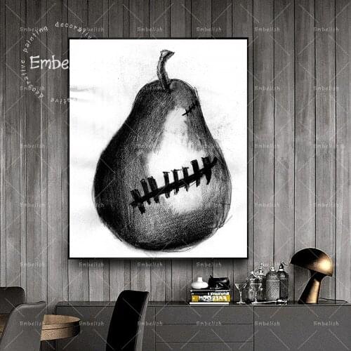 1 Pieces Black And White Pear Watercolor Fruits Kitchen Resturant Wall Pictures For Home Decor Posters HD Canvas Paintings