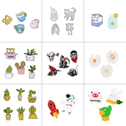 2-6pcs/set Cartoon Enamel Pins Cactus Astronaut Rocket Rabbit Pig Brooch Animals Badge Green Plant Jewelry Gift for Women Men