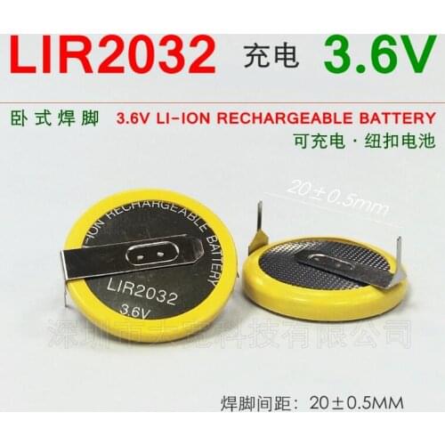 20PCS/lot LIR2032 3.6V horizontal fillet welding foot battery LIR2032 coin cell battery welding foot