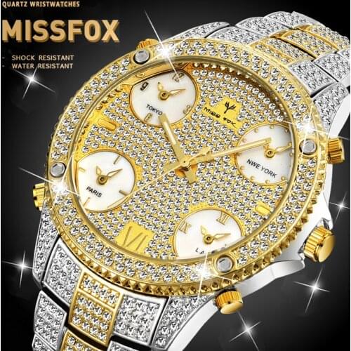 MISSFOX Hiphop 18k Gold Watch Men Diamond Men Watches Top Brand Luxury Calender Big Dial Iced Out Male Quartz Watch Gift For Men