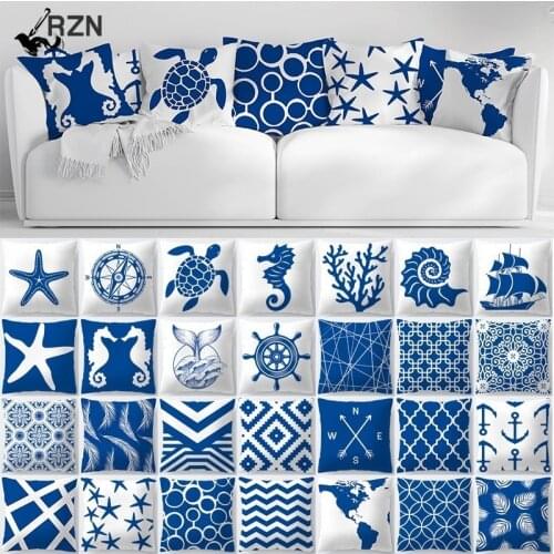 Decorative Throw Pillows Blue Geometry Pillow Cover 45x45 Polyester Cushion Cover Marine Life Pillowcase Cushions Home Decor