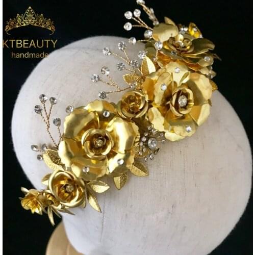 New Luxury Golden Flowers Headpiece Tiara Bigger Custom Made Rhinestones Royal Queen Princess Pageant Party Crown Bridesmaids