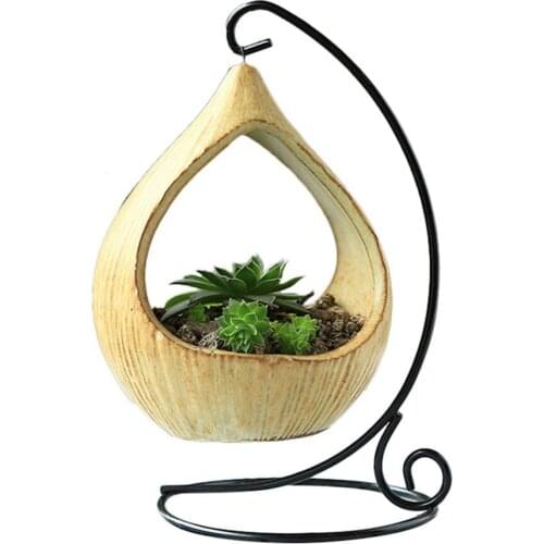European Hanging Basket Ceramic Succulent Plants Flower Pot Iron Hook Desk Home Decoration Bracketplant Pot