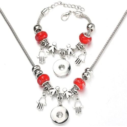 6 Colors Snap Button Hand of Fatima Necklace Bracelet Set Red Bead Pendant Hollow Chain Beaded Bracelet Fit 18mm Snap Jewelry