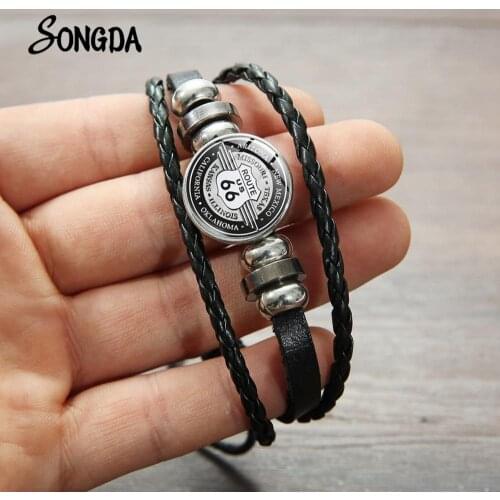 Route 66 Button Leather Bracelet for Women Men Americas Highway Logo Punk Armband Charm Bangles Jewelry Valentines Day Gift
