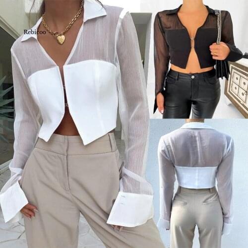 Summer Girls Lapel See-Through Blouse Fashion Stitching Shirt Long Sleeve V-Neck Womens Clothing