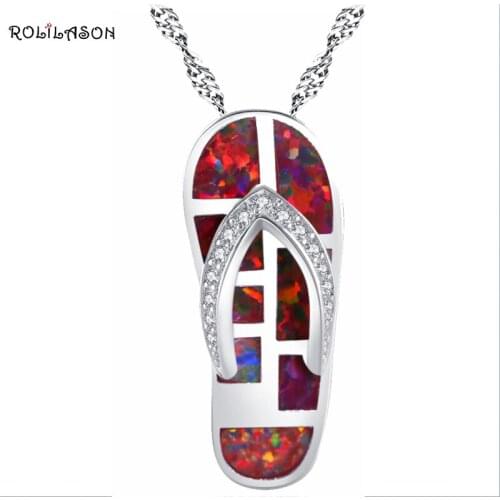 ROLILASON Hot Sale Flip flops Design for Best Friend gift Orange Fire Opal Silver Necklace Pendants Zircon Fashion Jewelry OP805