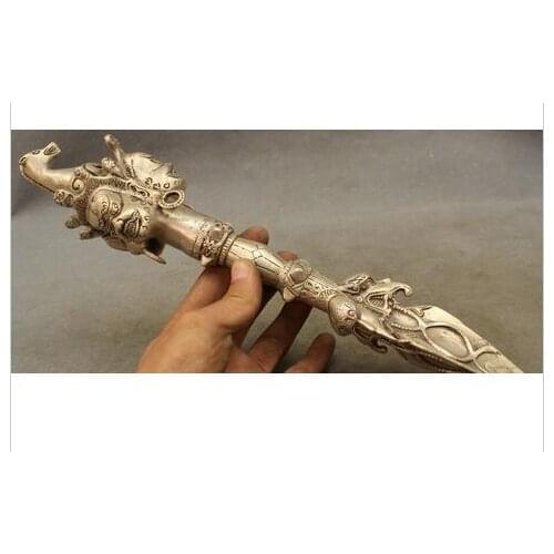 DECORATION COPPER SILVER FACTORY 14" TIBET SILVER BUDDHISM MAHAKALA BUDDHA HEAD STATUE PROTECT VAJRA TALISMANS