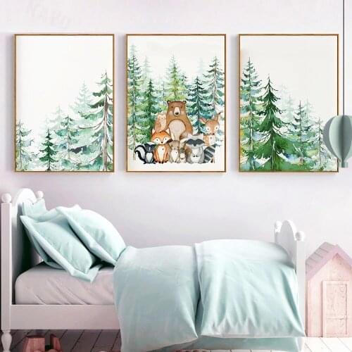 Woodland Animal Print Nursery Wall Art Painting Nordic Poster Cartoon Canvas Painting Fox Deer Bear Wall Picture Kids Room Decor
