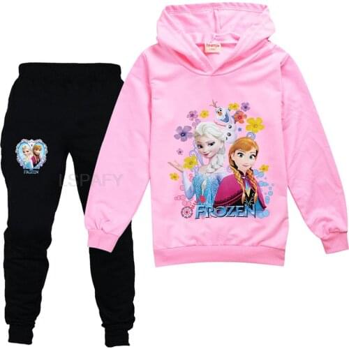 Disney Autumn Girl Hoodie Suit Cotton Kids Frozen Elsa Hooded Sportswear Set Clothing 2-14 Years Girl Princess Two-piece Suit