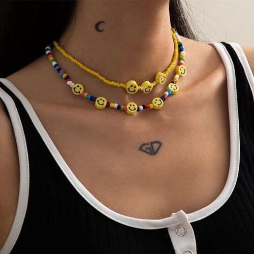 Smiley Face Pendant Necklace for Women 2 Pcs/Set Clavicle Chain Short Necklaces Female 2021 Fashion Jewelry Beaded Colorful