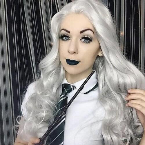 Melody Synthetic Lace Front Wigs Heat Resistant Silver Grey White Long Body Wave Side Part for Women Natural Looking Daily Wear