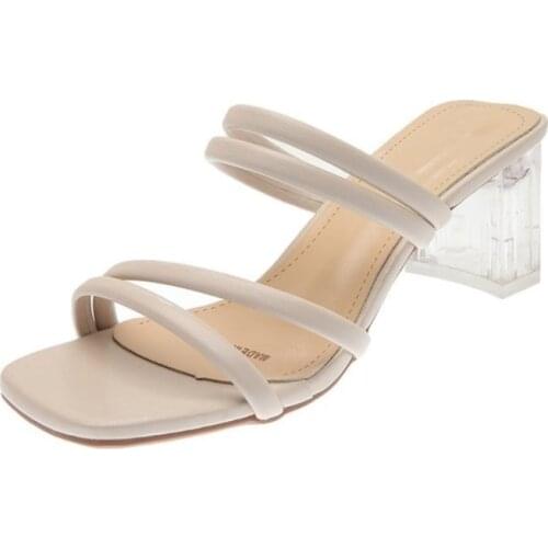 Summer Fashion Women Sandals Lace Up Crystal Square Heel Sandals Outdoor Vacation Casual Sandals Slippers Narrow Band Slides