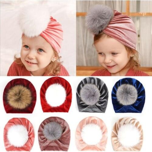 2019 Toddler Baby Girl Turban Hats Head Wrap Velvet Beanie Hat Winter Warm Cap Headband