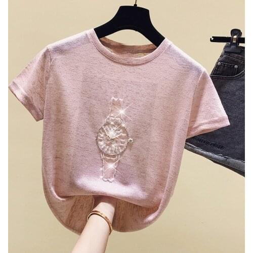 Silk Knitted Pink Women T-Shirts Summer New Design 2021 Beaded Slim Sweet Style Female Pulls Outwear Tops Tees