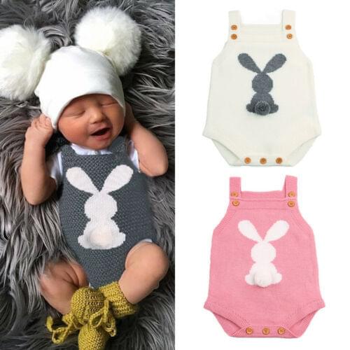 Focusnorm Cute Bunny Toddler Kids Baby Girls Boys Knitted Wool Suspenders Bodysuit Hair Ball Wool Outfit Clothes
