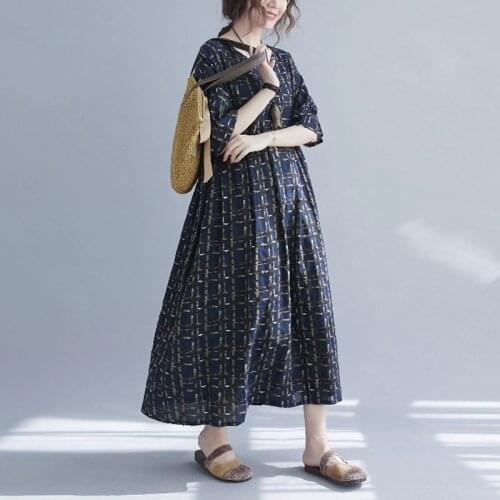 V-Neck 2021 Summer Female Loose Dress Cotton Plaid Print Dress Women Short Sleeve Holiday Large Size Holiday Casual Dress