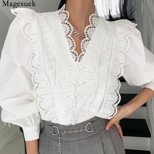 French Elegant V Neck Lace Blouse Women Hollow Out Ruffle Stitching Womens Shirt Vintage Lantern Long Sleeve Tops Blusas 16189