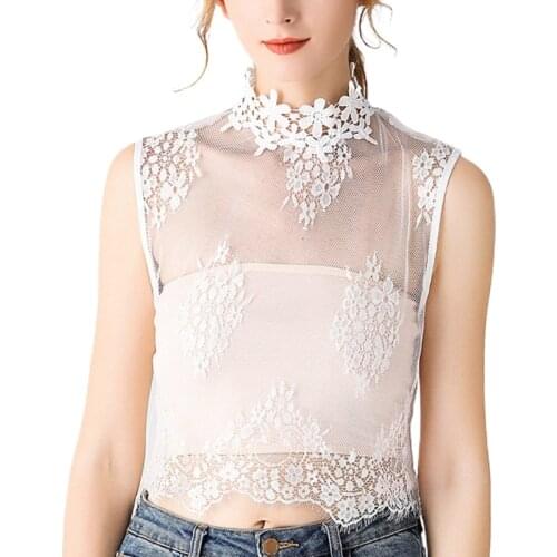 Women Hollow Out Mesh Floral Fake Collar Turtleneck Eyelash Lace Hem Detachable Half Shrit Sleeveless Pullover Underwear