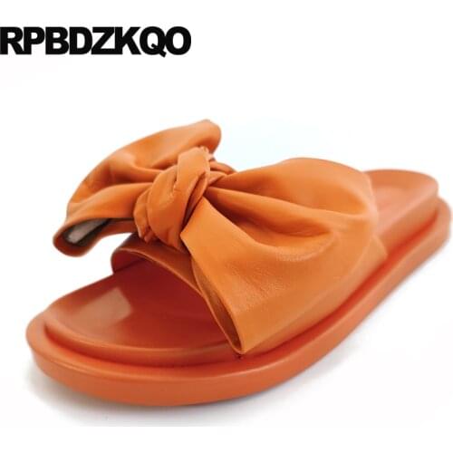 High Quality Cute Shoes Bowtie Slides Orange Platform Women Sandals Flat Summer 2021 Bow Genuine Leather Luxury Green Slippers