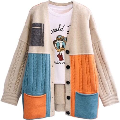 2021 Winter Women Long Sweater Cardigans Twist V-neck Sweater Coat Female Korean Fashion Loose Patchwork Knit Jacket Warm Tops