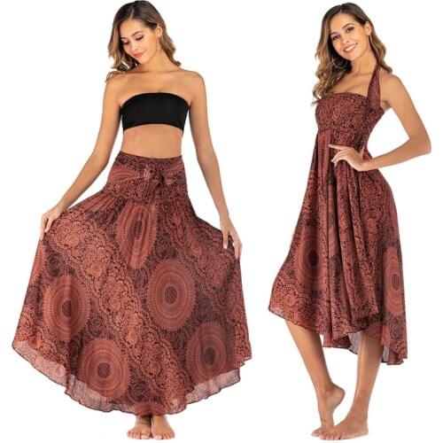 Orange mandala floral flower printed Thai skirt knotted plus size women halter neck jumpsuit Beach Skirts womens midi skirts