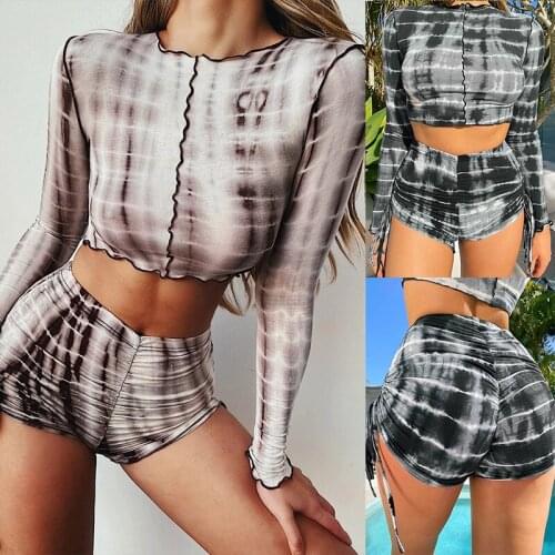 2021 Summer 2 Piece Set Female Slim Top and Drawstring Shorts Chic Matching Suit Printed Round Neck Long Sleeve Shorts Suit