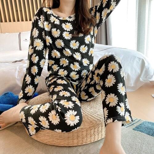 2020 New 2 Pcs Pajamas Set Autumn Winter Female Women Round Neck Long Sleeve Print Tops& Pants Sleepwear Sets Home Clothes