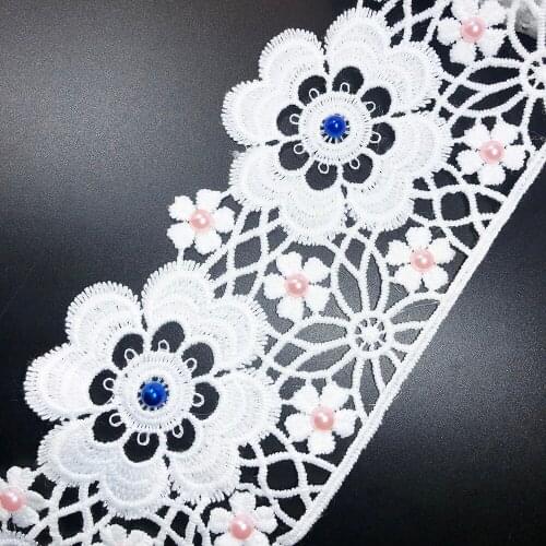 10yard 7.6cm 3D Lace Fabric With Beads Sewing Trim Dress Accessories Diy No Elastic Single Side White Hollow Skirt Clothes Decor