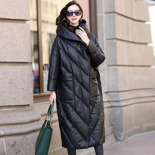 2021 Genuine Leather Jacket Women Long Sheepskin Coat Female Winter Parkas Hooded Oversized Down Jackets Mujeres Abrigos Pph1798